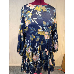 Chicwish Navy Floral Long Sleeve Dress Women's S